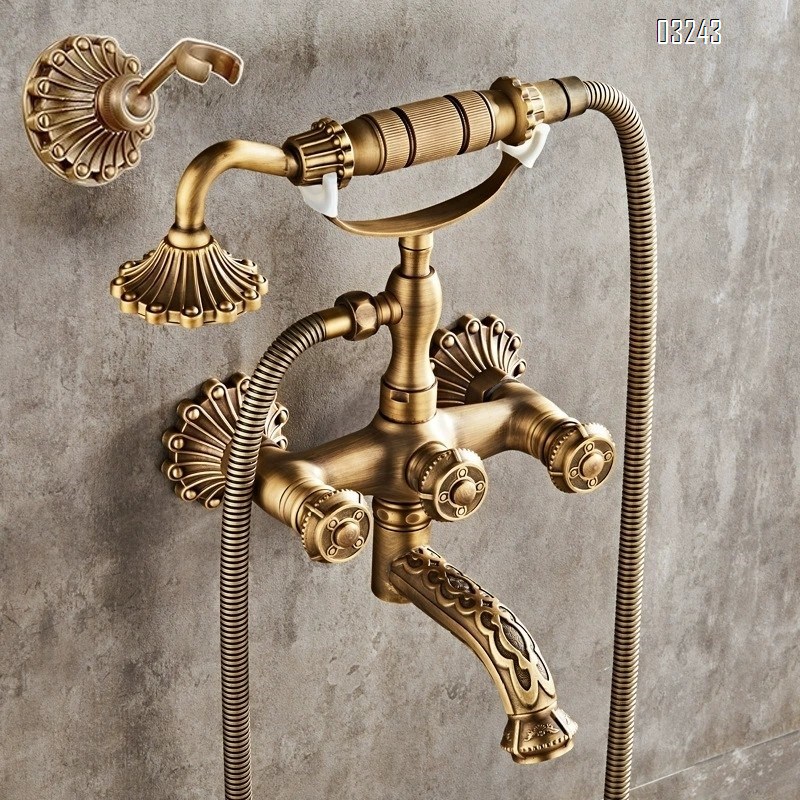 All-Brass carved European vintage simple shower set pure copper hot and cold water faucet bathtub shower hand spray head