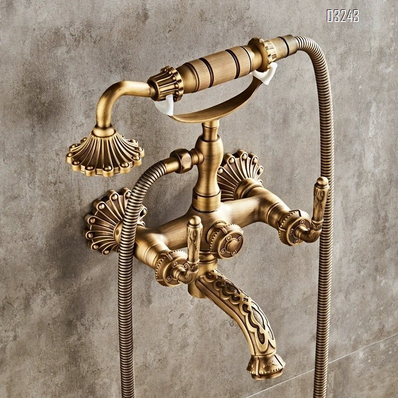 All-Brass carved European vintage simple shower set pure copper hot and cold water faucet bathtub shower hand spray head