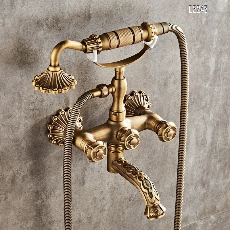 All-Brass carved European vintage simple shower set pure copper hot and cold water faucet bathtub shower hand spray head