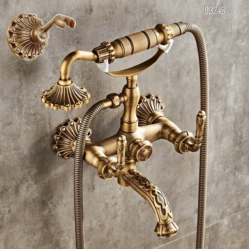 All-Brass carved European vintage simple shower set pure copper hot and cold water faucet bathtub shower hand spray head