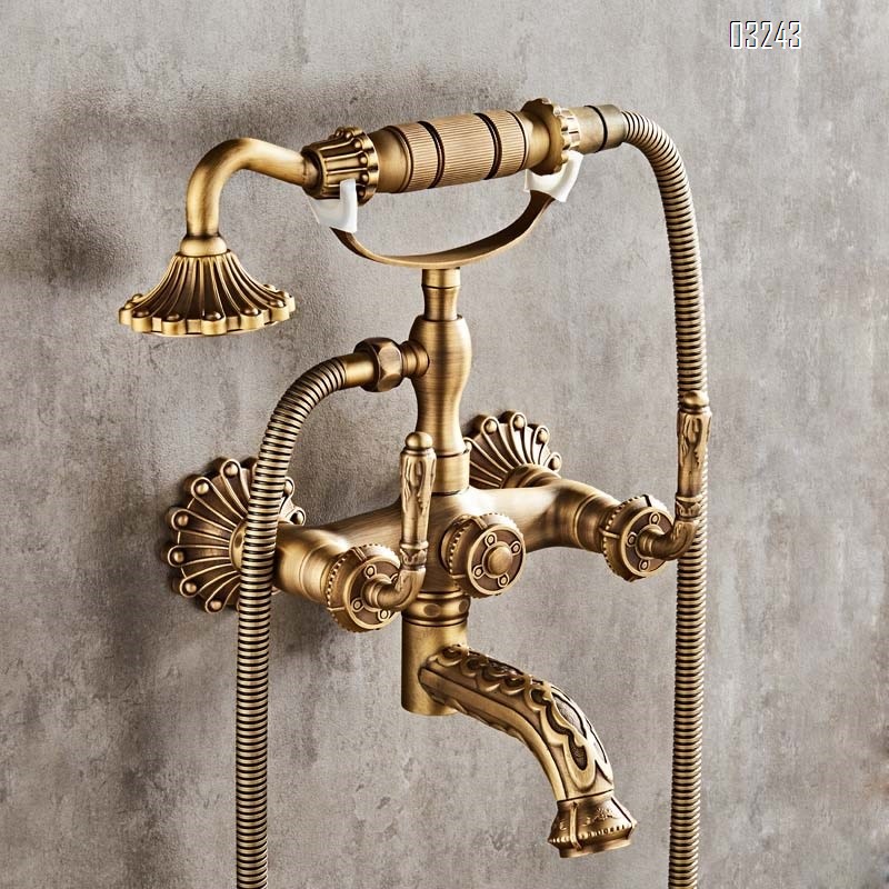 All-Brass carved European vintage simple shower set pure copper hot and cold water faucet bathtub shower hand spray head