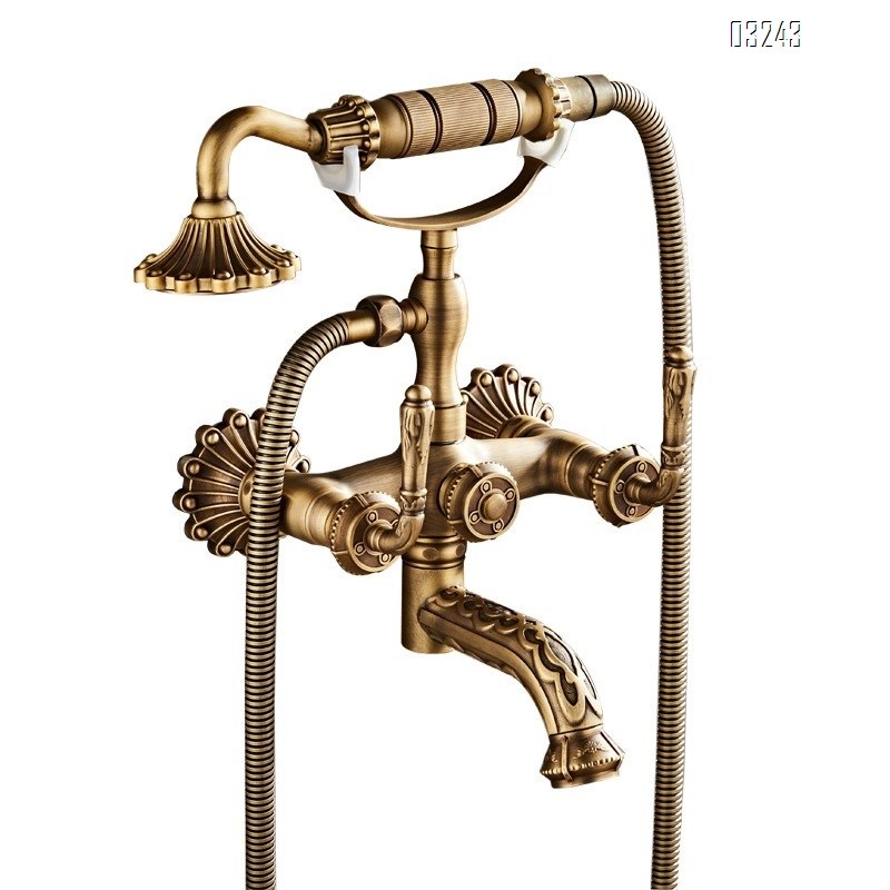 All-Brass carved European vintage simple shower set pure copper hot and cold water faucet bathtub shower hand spray head