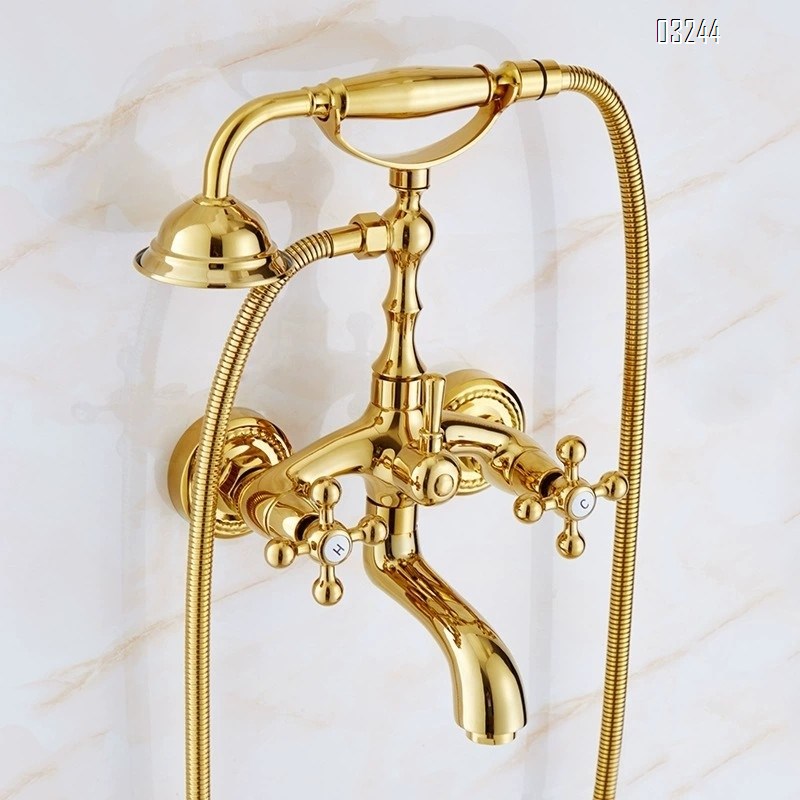 French vintage gold faucet classical concubine bathtub shower Head set all Brass wall-mounted shower cold and hot faucet