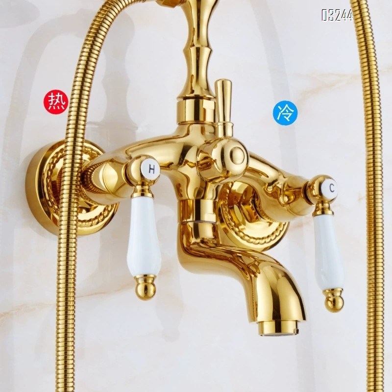 French vintage gold faucet classical concubine bathtub shower Head set all Brass wall-mounted shower cold and hot faucet