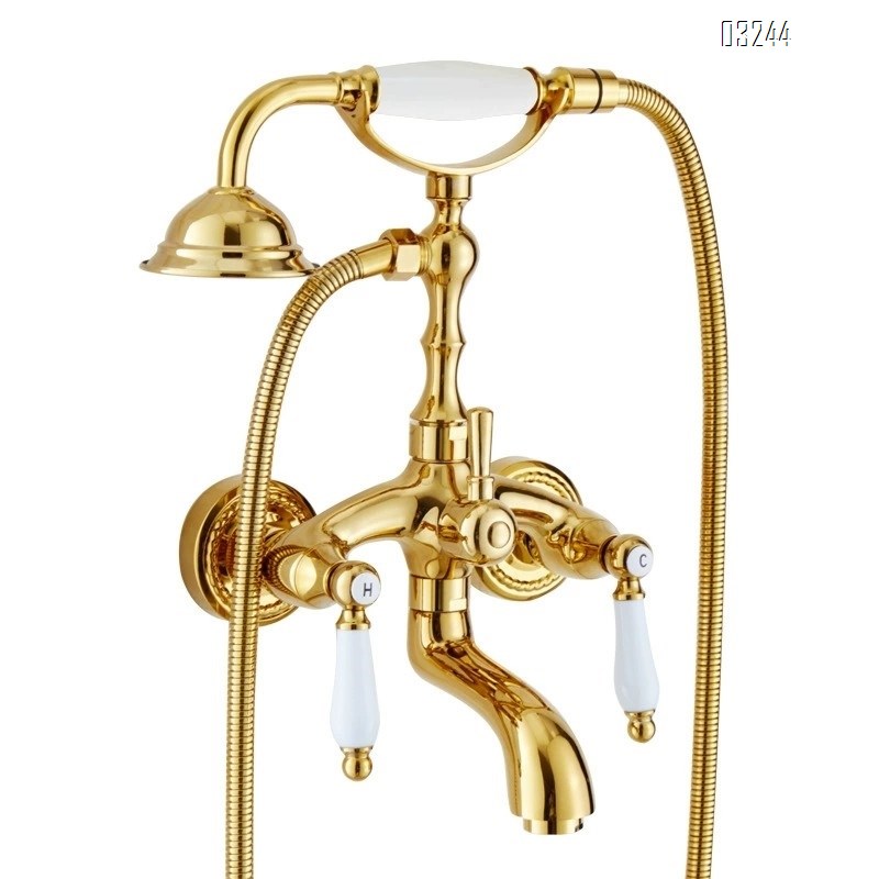 French vintage gold faucet classical concubine bathtub shower Head set all Brass wall-mounted shower cold and hot faucet