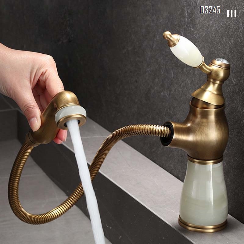 European retro Antique luxury pull-out basin faucet bathroom vanity basin natural jade stone hot and cold water faucet