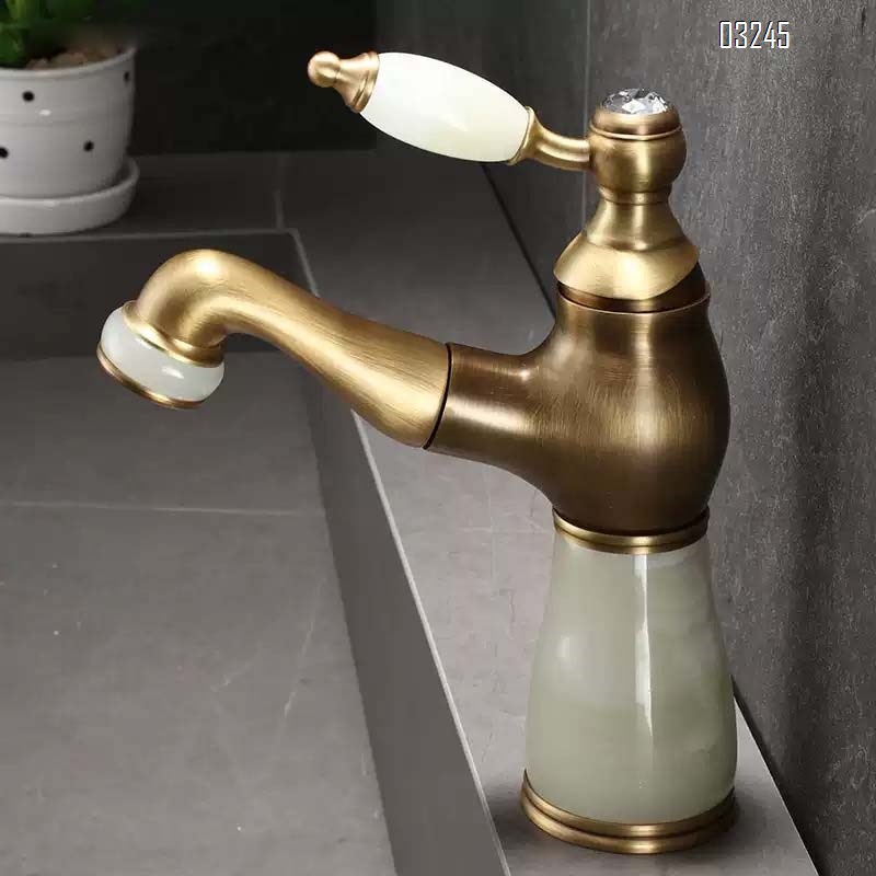 European retro Antique luxury pull-out basin faucet bathroom vanity basin natural jade stone hot and cold water faucet