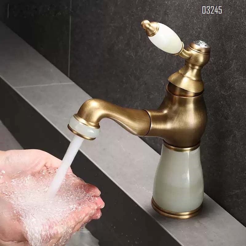 European retro Antique luxury pull-out basin faucet bathroom vanity basin natural jade stone hot and cold water faucet