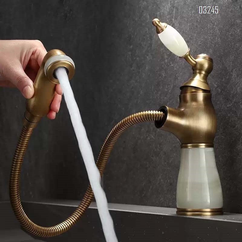 European retro Antique luxury pull-out basin faucet bathroom vanity basin natural jade stone hot and cold water faucet