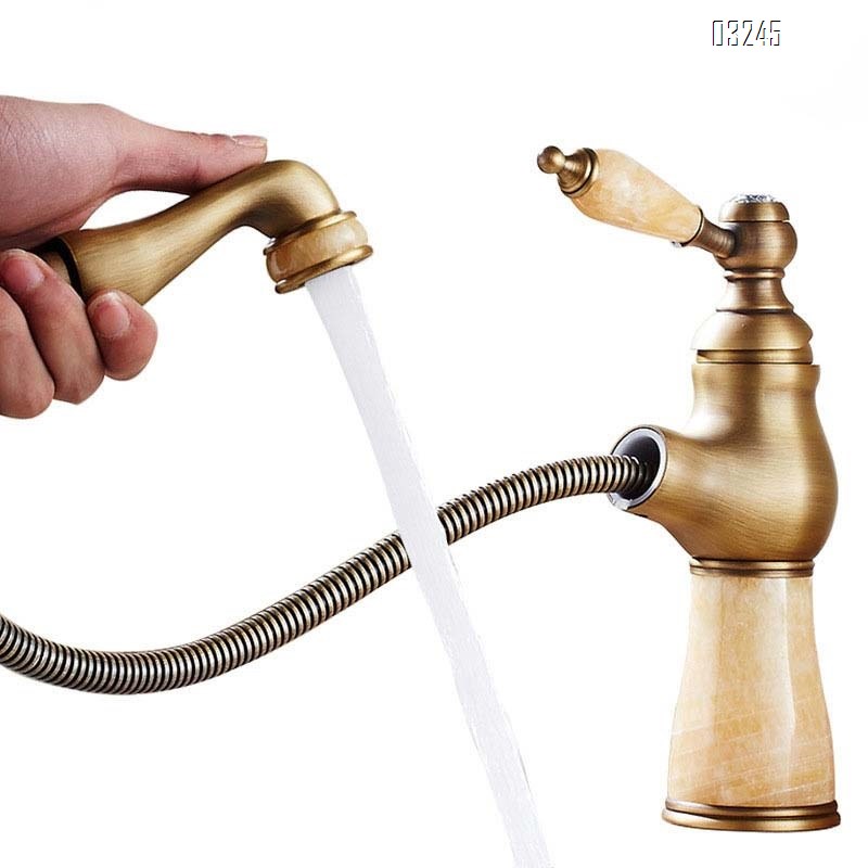 European retro Antique luxury pull-out basin faucet bathroom vanity basin natural jade stone hot and cold water faucet