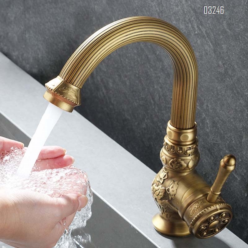Antique carved brass faucet for wash basin bathroom vanity balcony raised platform sink hot and cold rotating faucet