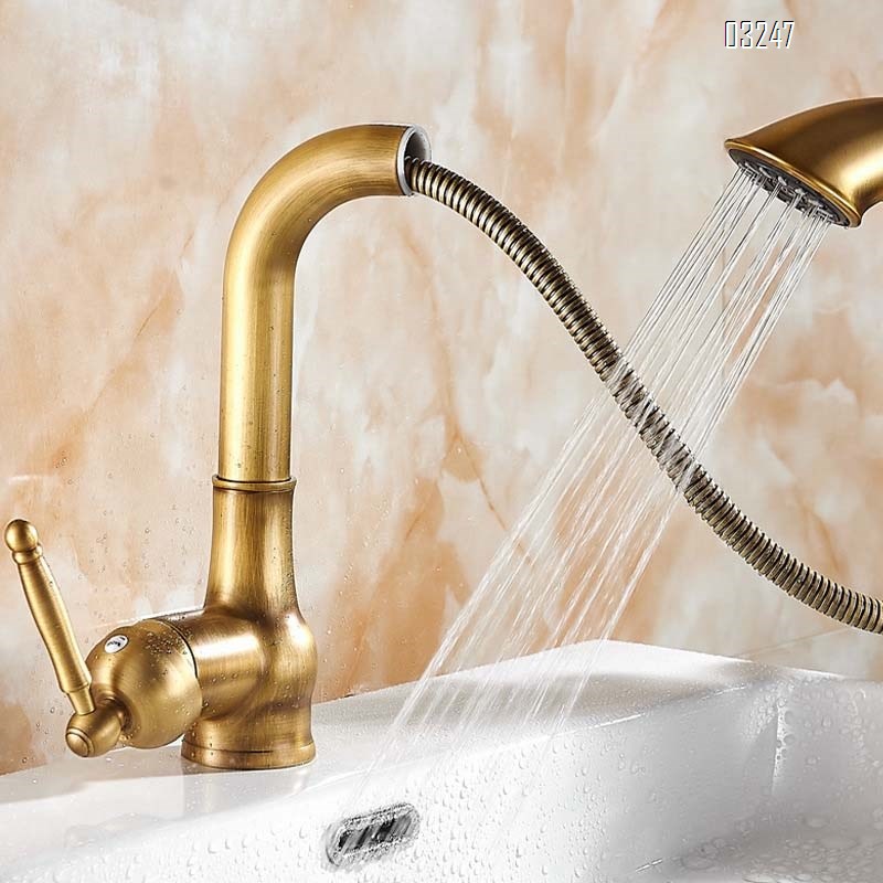 European retro Antique Brass wash basin faucet bathroom vanity cabinet under-mount household rotary pull-out cold and hot water faucet