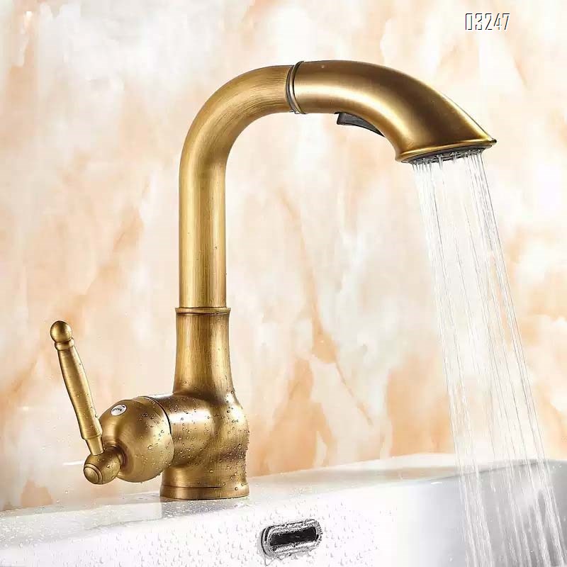European retro Antique Brass wash basin faucet bathroom vanity cabinet under-mount household rotary pull-out cold and hot water faucet