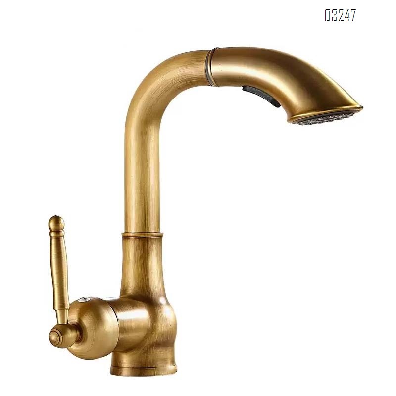 European retro Antique Brass wash basin faucet bathroom vanity cabinet under-mount household rotary pull-out cold and hot water faucet
