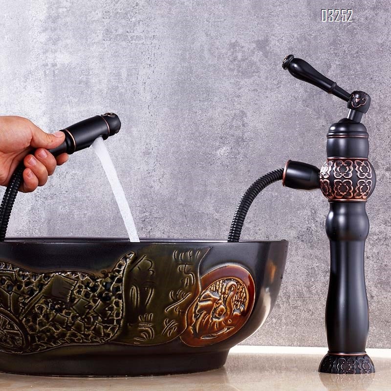 European style full Brass antique faucet with rotatable pull-out multi-functional water faucet cold and hot mixed Basin faucet