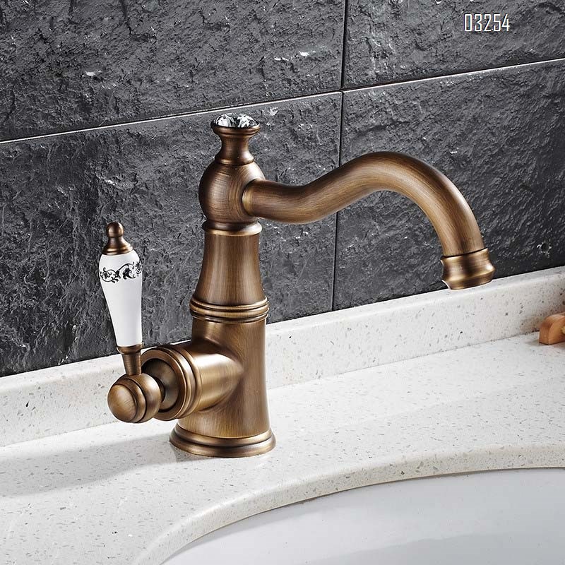 Brass European style antique bathroom wash basin faucet single hole cold and hot water 360°rotating faucet