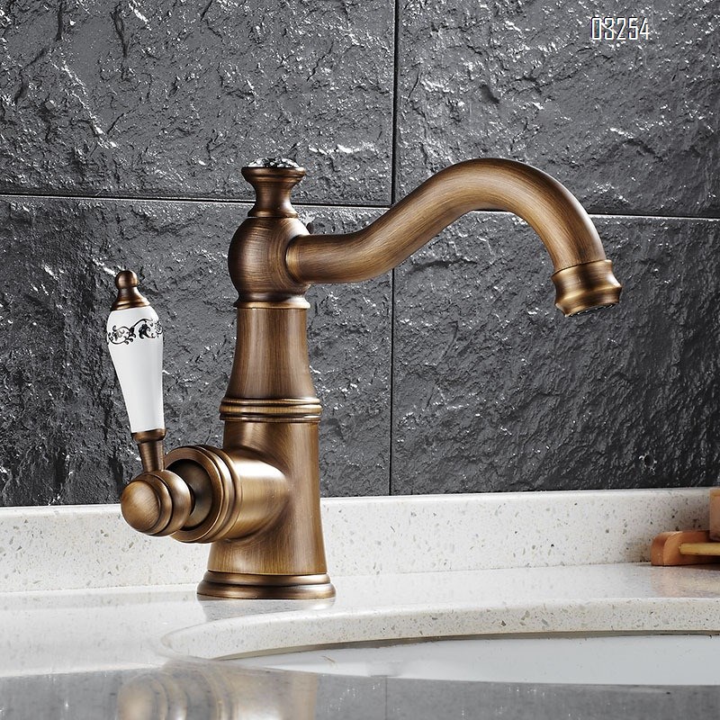 Brass European style antique bathroom wash basin faucet single hole cold and hot water 360°rotating faucet
