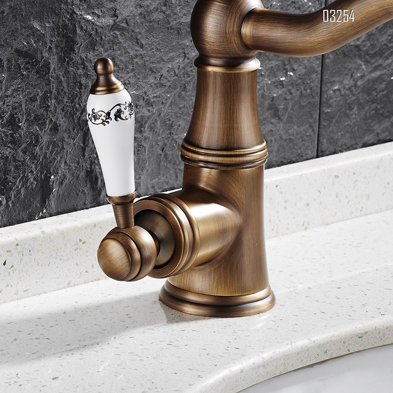 Brass European style antique bathroom wash basin faucet single hole cold and hot water 360°rotating faucet