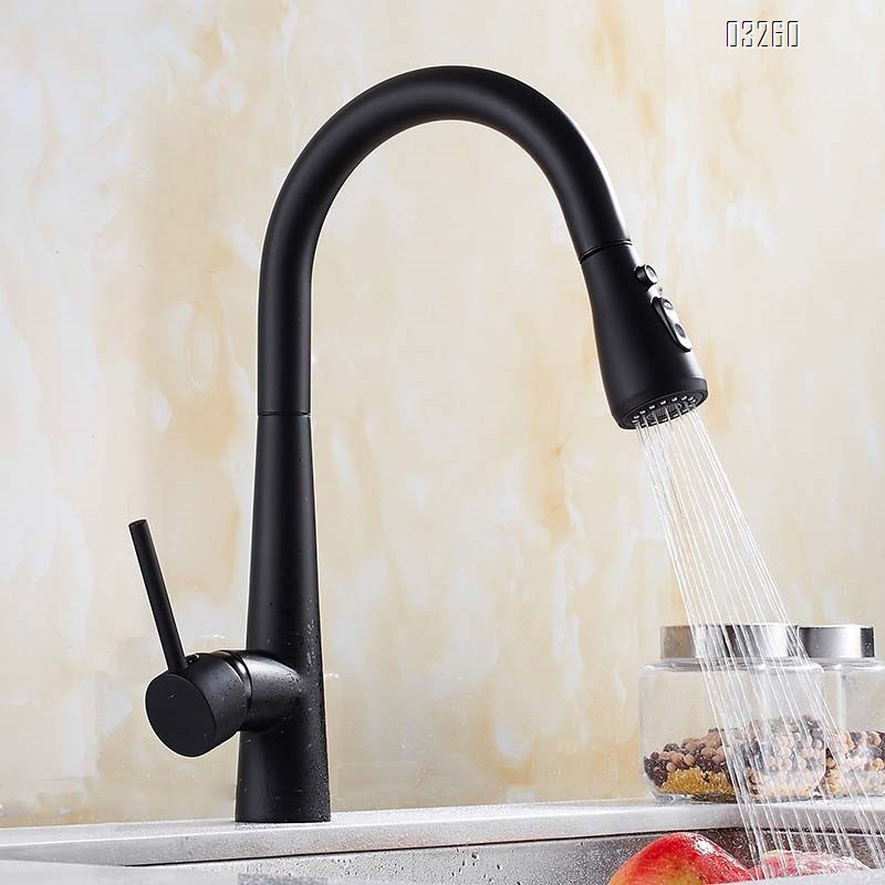 Black New kitchen pull-down faucet sink wash basin cold and hot Single Hole and Handle 360 degree rotating faucet