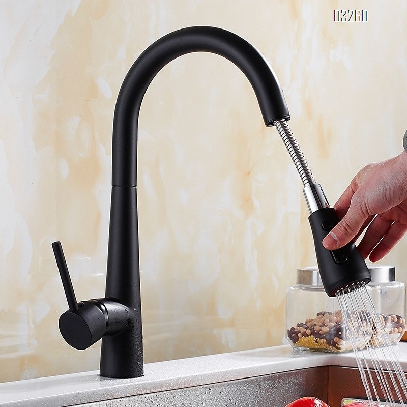 Black New kitchen pull-down faucet sink wash basin cold and hot Single Hole and Handle 360 degree rotating faucet