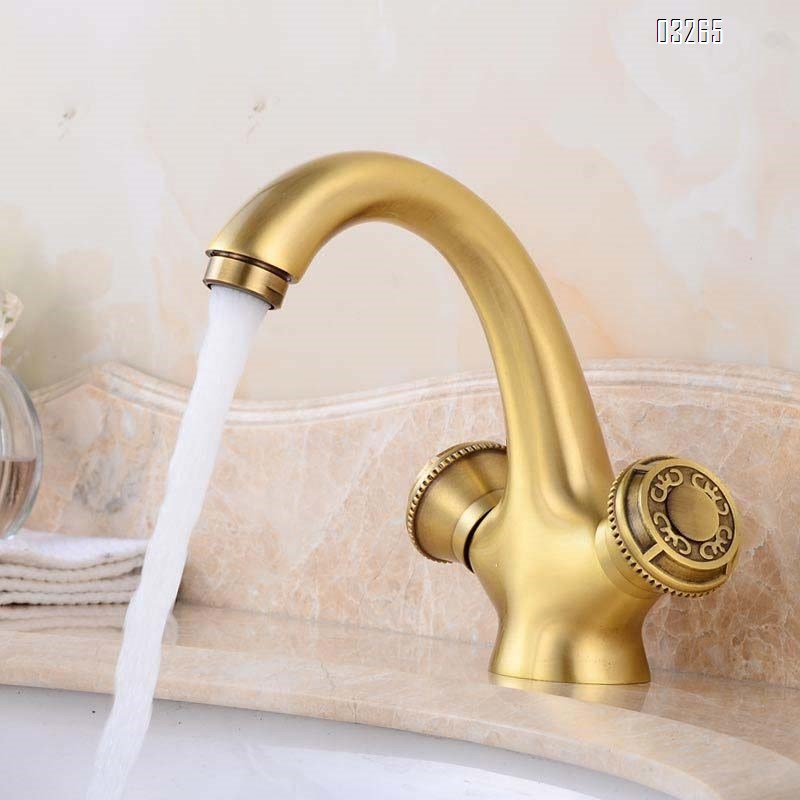 Gold European style full Brass wash basin cold and hot water faucet vintage bathroom sink single hole and handle copper craftsman pool faucet