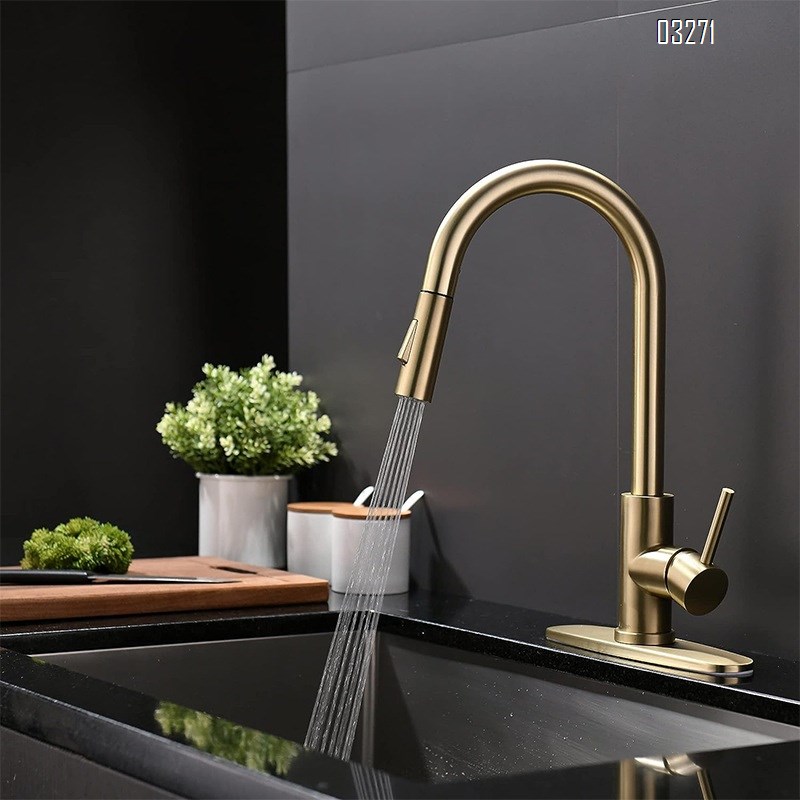 Tohlar Gold Kitchen Faucet with Pull Down Sprayer, Gold Kitchen Sink Faucet for 1 or 3 Hole, Modern Stainless Steel Sink Faucet with Deck Plate for Farmhouse Laundry Rv, Brushed Gold