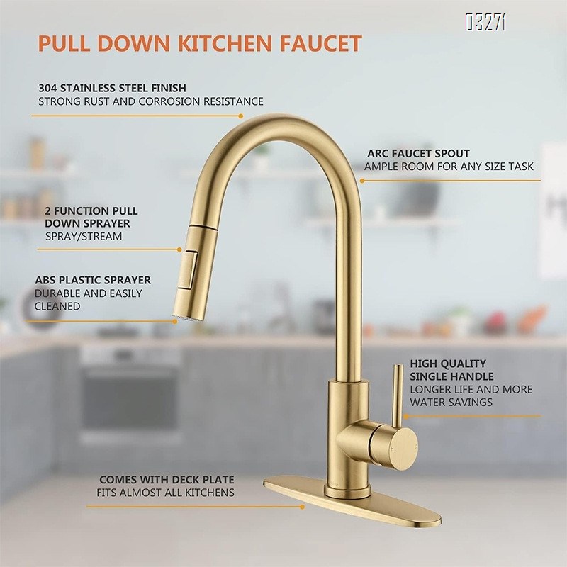 Tohlar Gold Kitchen Faucet with Pull Down Sprayer, Gold Kitchen Sink Faucet for 1 or 3 Hole, Modern Stainless Steel Sink Faucet with Deck Plate for Farmhouse Laundry Rv, Brushed Gold