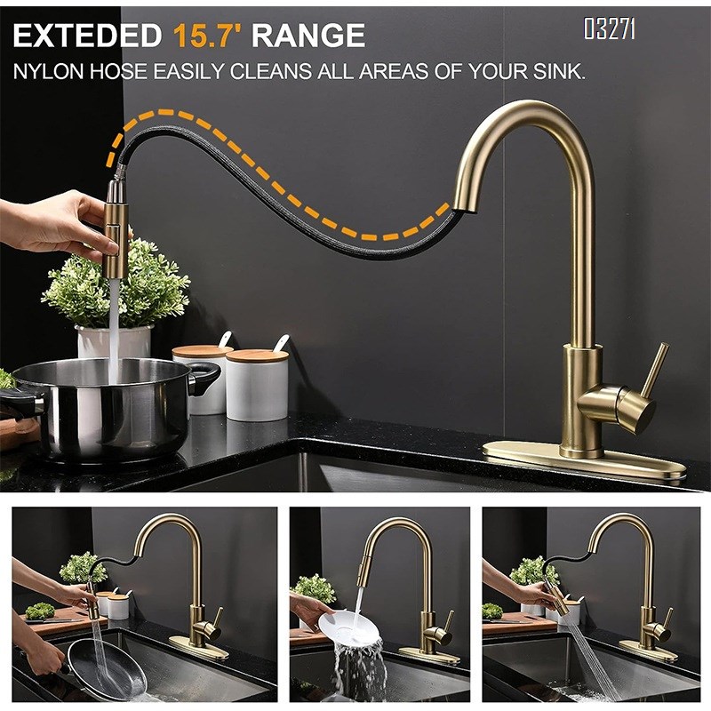 Tohlar Gold Kitchen Faucet with Pull Down Sprayer, Gold Kitchen Sink Faucet for 1 or 3 Hole, Modern Stainless Steel Sink Faucet with Deck Plate for Farmhouse Laundry Rv, Brushed Gold
