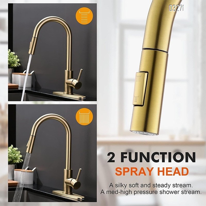 Tohlar Gold Kitchen Faucet with Pull Down Sprayer, Gold Kitchen Sink Faucet for 1 or 3 Hole, Modern Stainless Steel Sink Faucet with Deck Plate for Farmhouse Laundry Rv, Brushed Gold