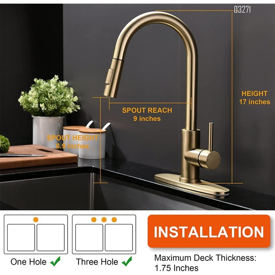 Tohlar Gold Kitchen Faucet with Pull Down Sprayer, Gold Kitchen Sink Faucet for 1 or 3 Hole, Modern Stainless Steel Sink Faucet with Deck Plate for Farmhouse Laundry Rv, Brushed Gold