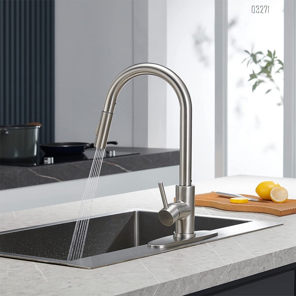 Tohlar Gold Kitchen Faucet with Pull Down Sprayer, Gold Kitchen Sink Faucet for 1 or 3 Hole, Modern Stainless Steel Sink Faucet with Deck Plate for Farmhouse Laundry Rv, Brushed Gold