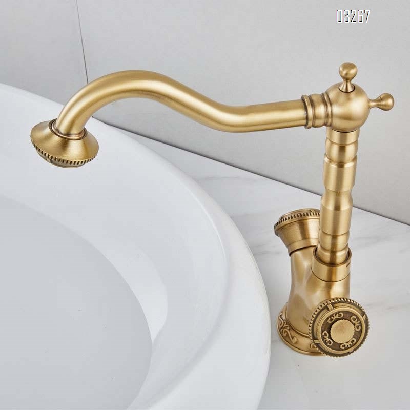 Gold European style full Brass wash basin cold and hot water faucet vintage bathroom sink single hole and handle pool faucet