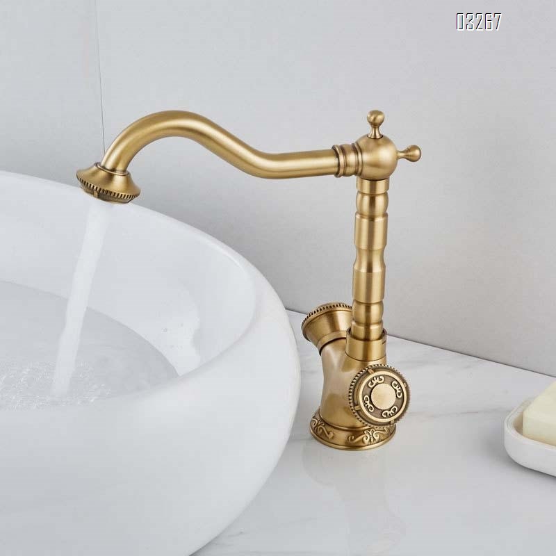 Gold European style full Brass wash basin cold and hot water faucet vintage bathroom sink single hole and handle pool faucet