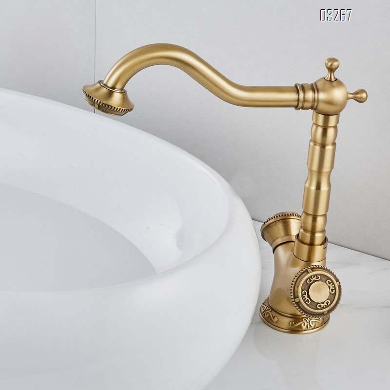 Gold European style full Brass wash basin cold and hot water faucet vintage bathroom sink single hole and handle pool faucet