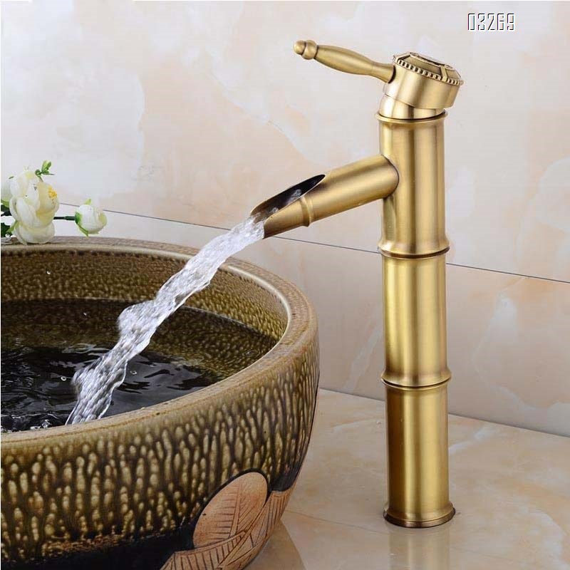 European old American style Brass craftsman faucet bamboo section countertop basin cold and hot water heightening carved antique surface basin faucet