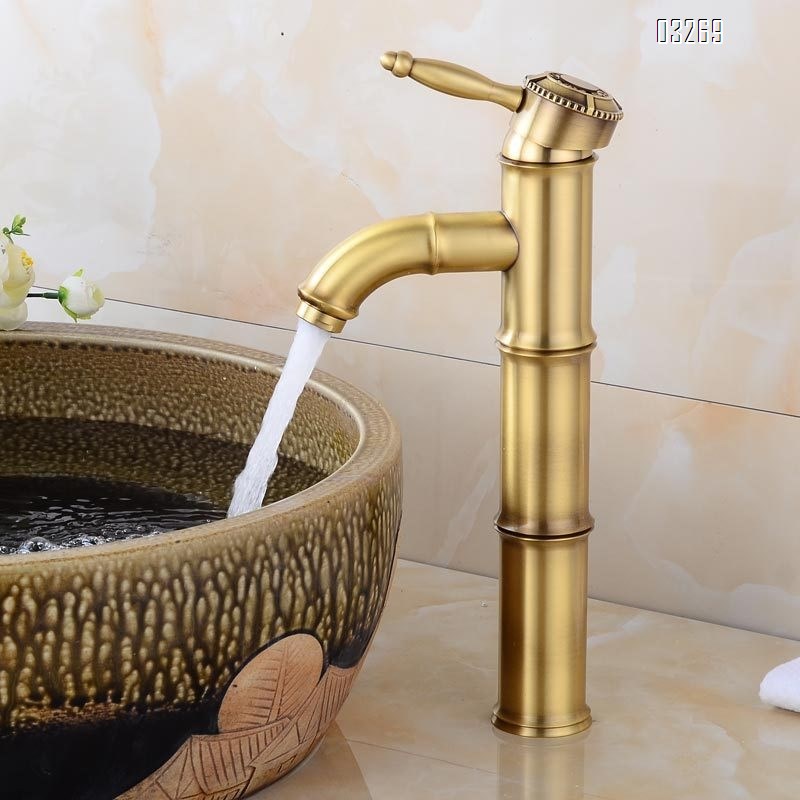 European old American style Brass craftsman faucet bamboo section countertop basin cold and hot water heightening carved antique surface basin faucet