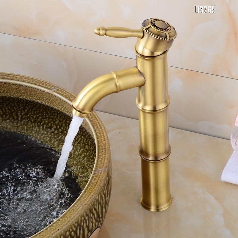 European old American style Brass craftsman faucet bamboo section countertop basin cold and hot water heightening carved antique surface basin faucet