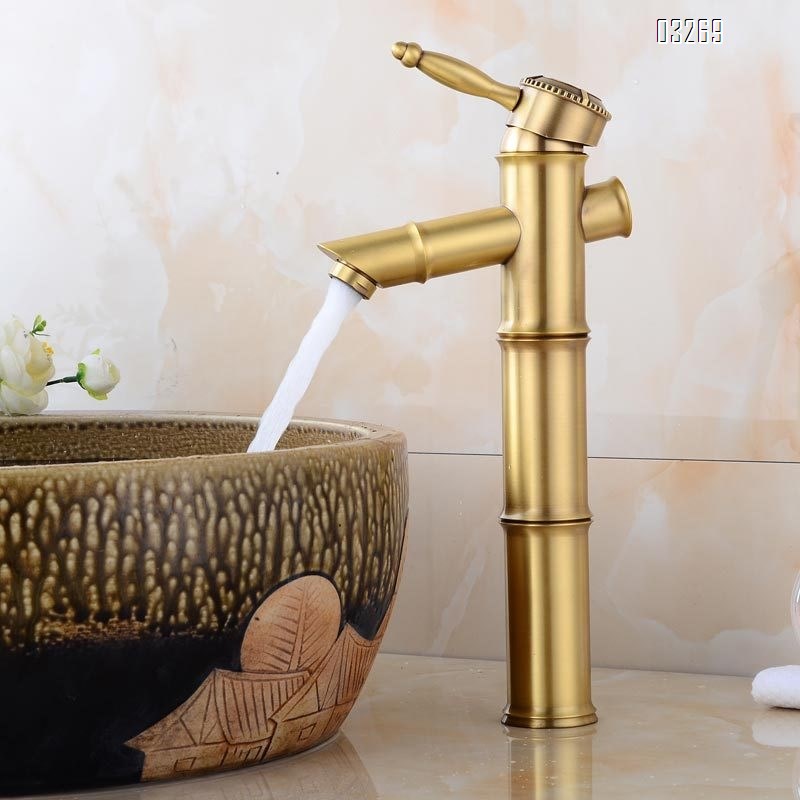 European old American style Brass craftsman faucet bamboo section countertop basin cold and hot water heightening carved antique surface basin faucet