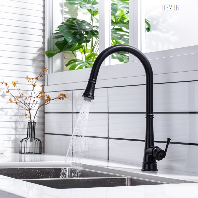 All Brass Black Retro hot and cold brass faucet kitchen pull-down hot and cold Kitchen sink Single Handle and Hole faucet