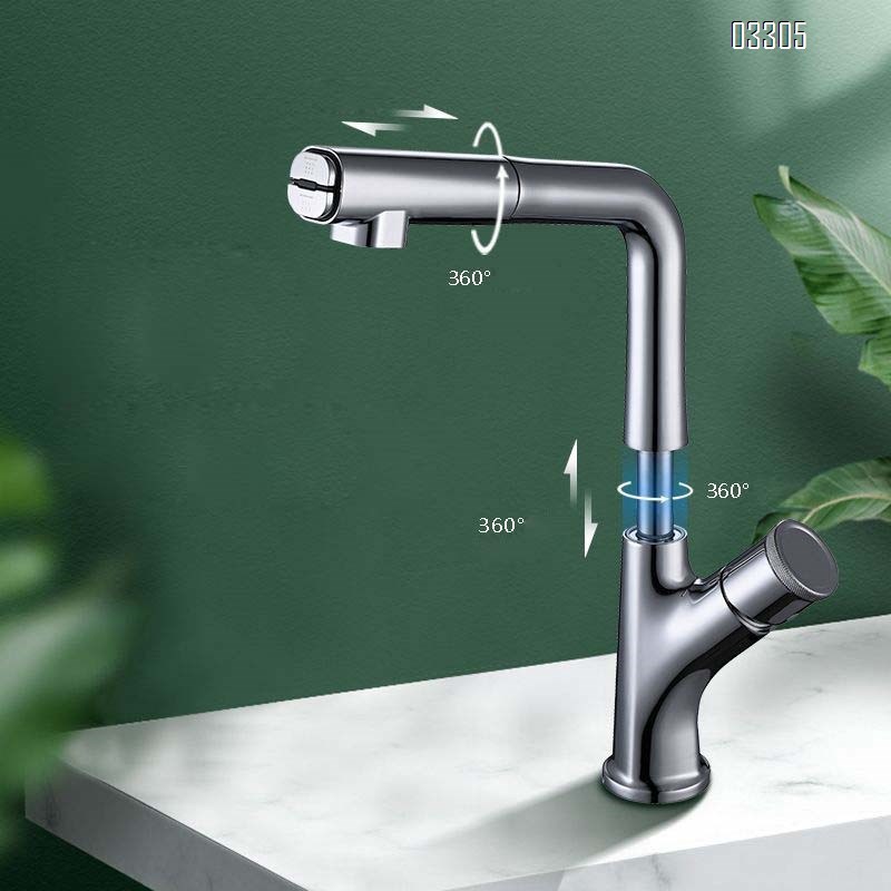 Full Brass lift and lower wash basin faucet in chrome color 360-degree rotatable home use pull-out basin cold and hot faucet