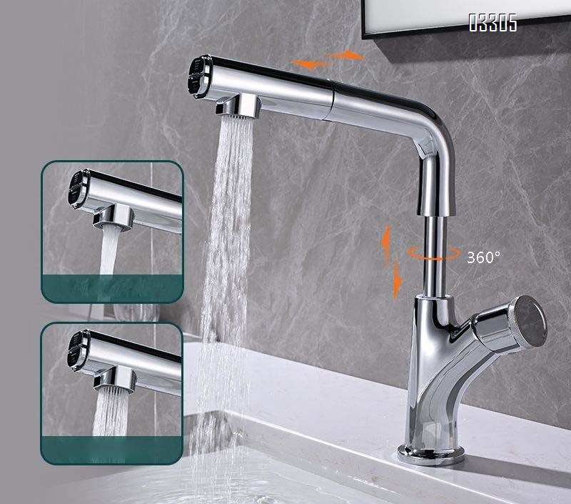 Full Brass lift and lower wash basin faucet in chrome color 360-degree rotatable home use pull-out basin cold and hot faucet