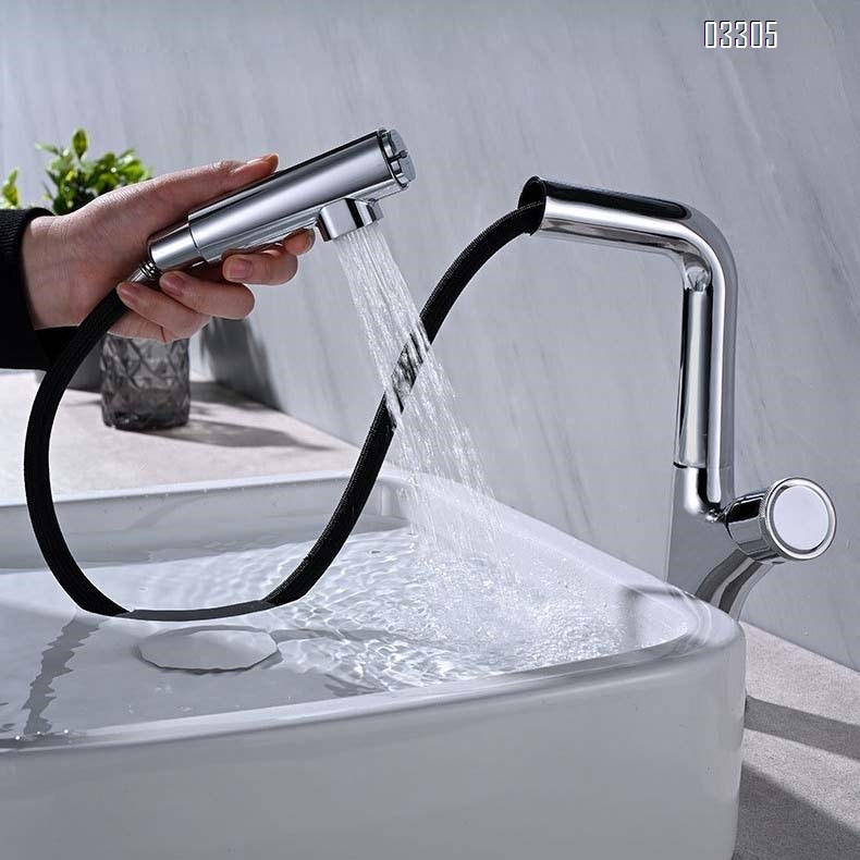 Full Brass lift and lower wash basin faucet in chrome color 360-degree rotatable home use pull-out basin cold and hot faucet