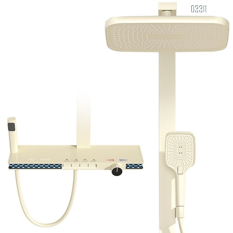 Shower Head Set Home Use Cream White Bathroom Cold and Hot Water with Storage Three-speed Digital Display Shower Head