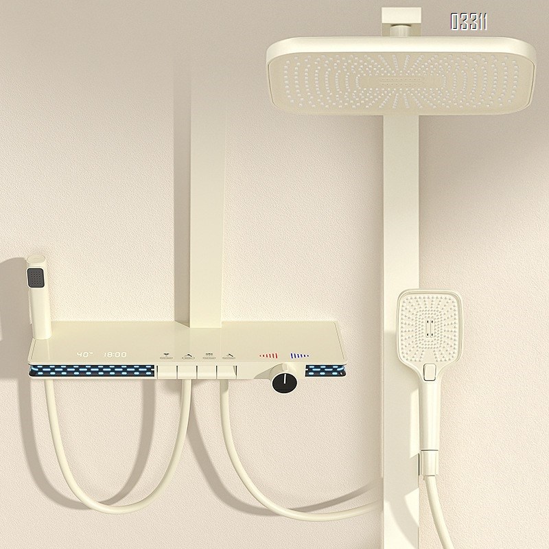 Shower Head Set Home Use Cream White Bathroom Cold and Hot Water with Storage Three-speed Digital Display Shower Head