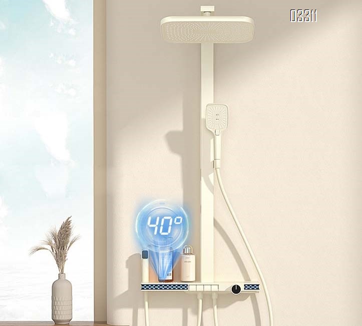 Shower Head Set Home Use Cream White Bathroom Cold and Hot Water with Storage Three-speed Digital Display Shower Head