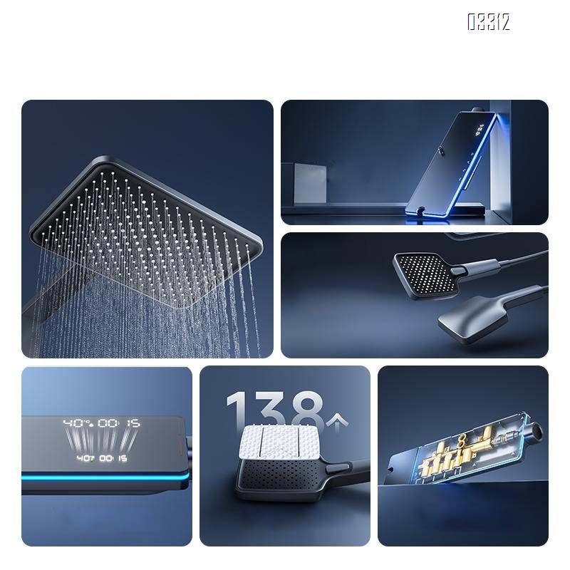 Digital display constant temperature shower head set with piano key full Brass pressure increase square pipe gun gray atmosphere light bath device