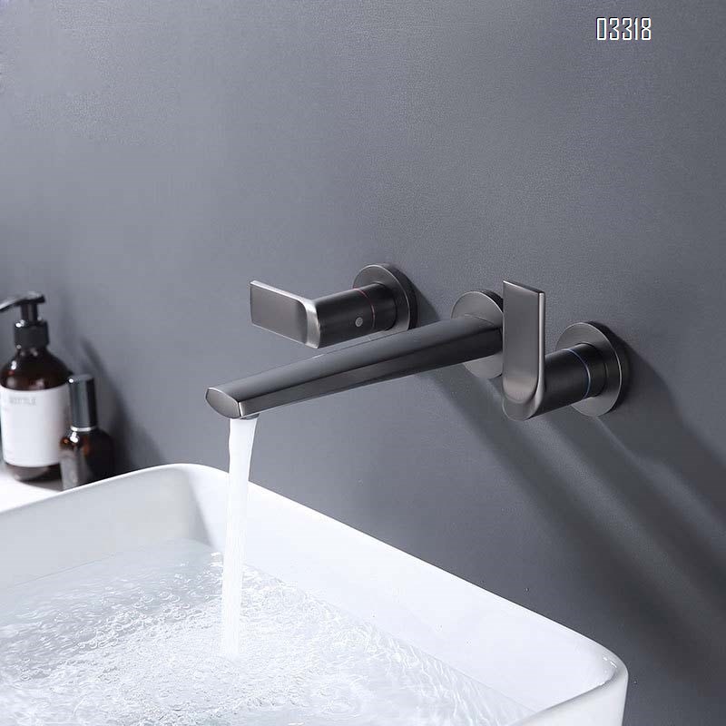 Brass wall-mounted recessed double handle cold and Hot bathroom sink  Black cold and hot water Three hole Separate basin faucet
