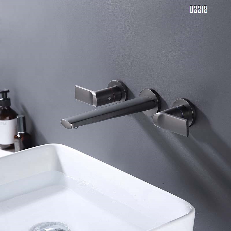Brass wall-mounted recessed double handle cold and Hot bathroom sink  Black cold and hot water Three hole Separate basin faucet