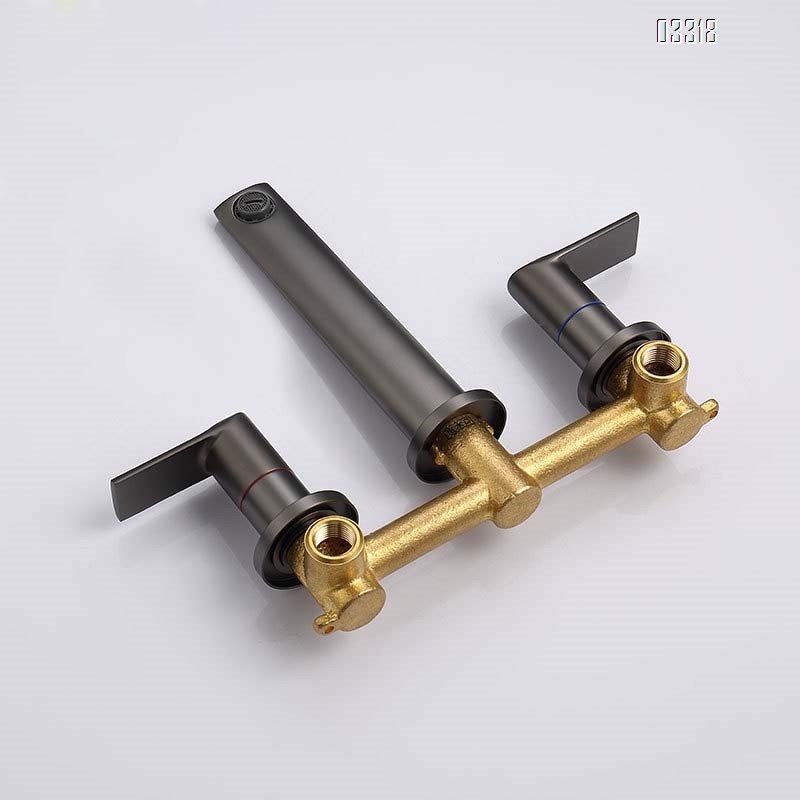 Brass wall-mounted recessed double handle cold and Hot bathroom sink  Black cold and hot water Three hole Separate basin faucet