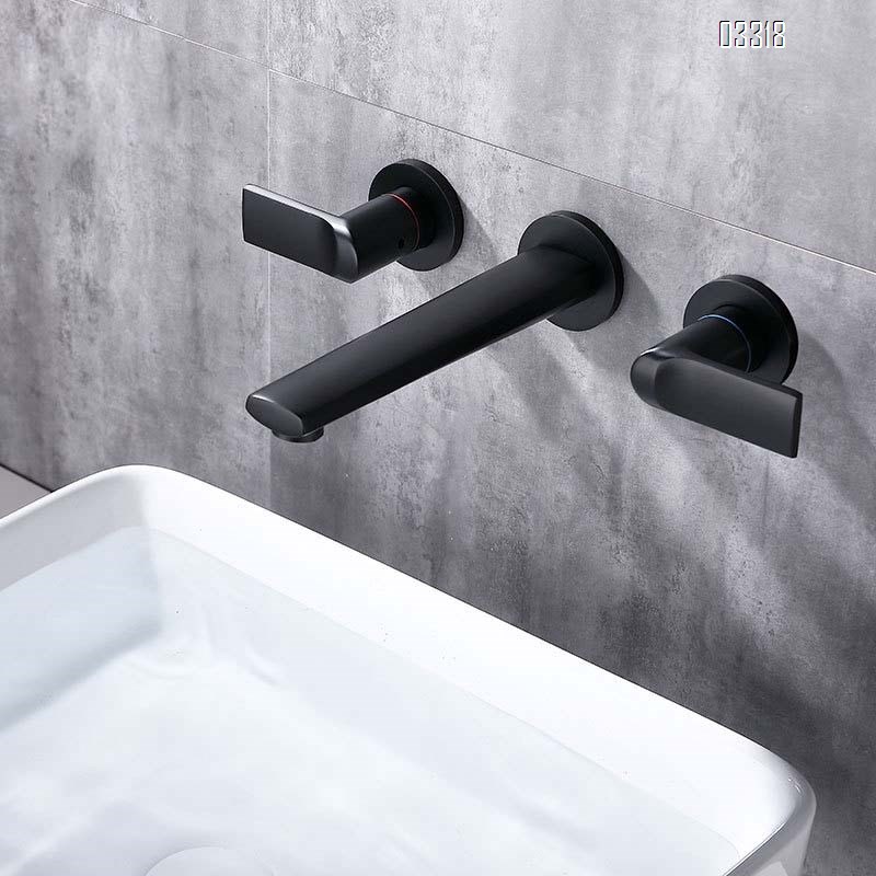 Brass wall-mounted recessed double handle cold and Hot bathroom sink  Black cold and hot water Three hole Separate basin faucet